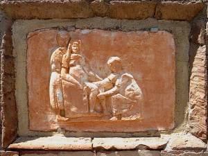 A representation of a birth on the tomb of Scribonia Attica, a Roman midwife. Ostia Antica, near Rome.